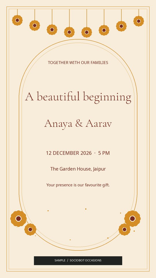 Marigold wedding invitation for the fictional couple Anaya and Aarav