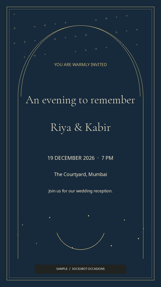 Midnight blue wedding reception invitation with gold detailing