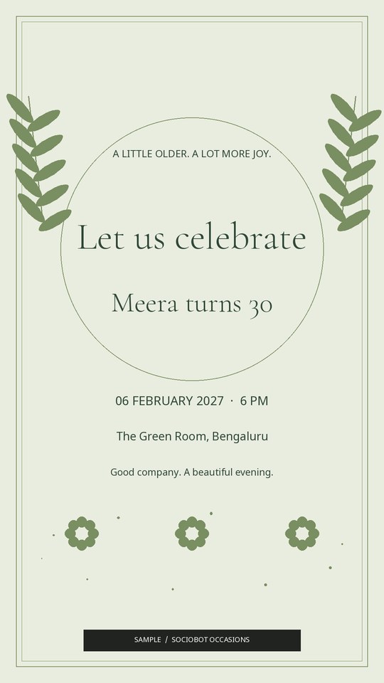 Sage green birthday invitation with botanical decoration