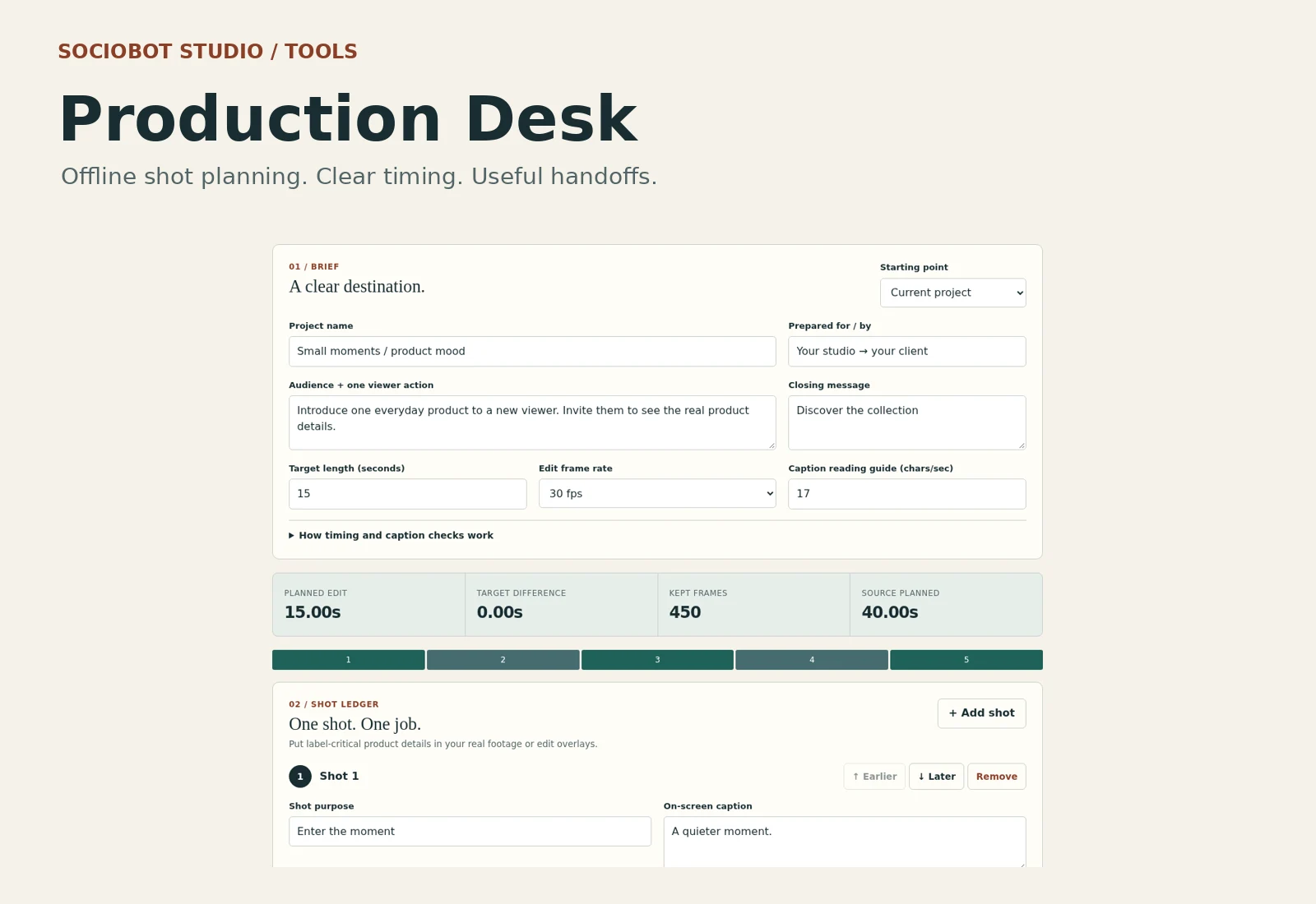 Production Desk product cover showing its brief form, timeline totals and a shot card