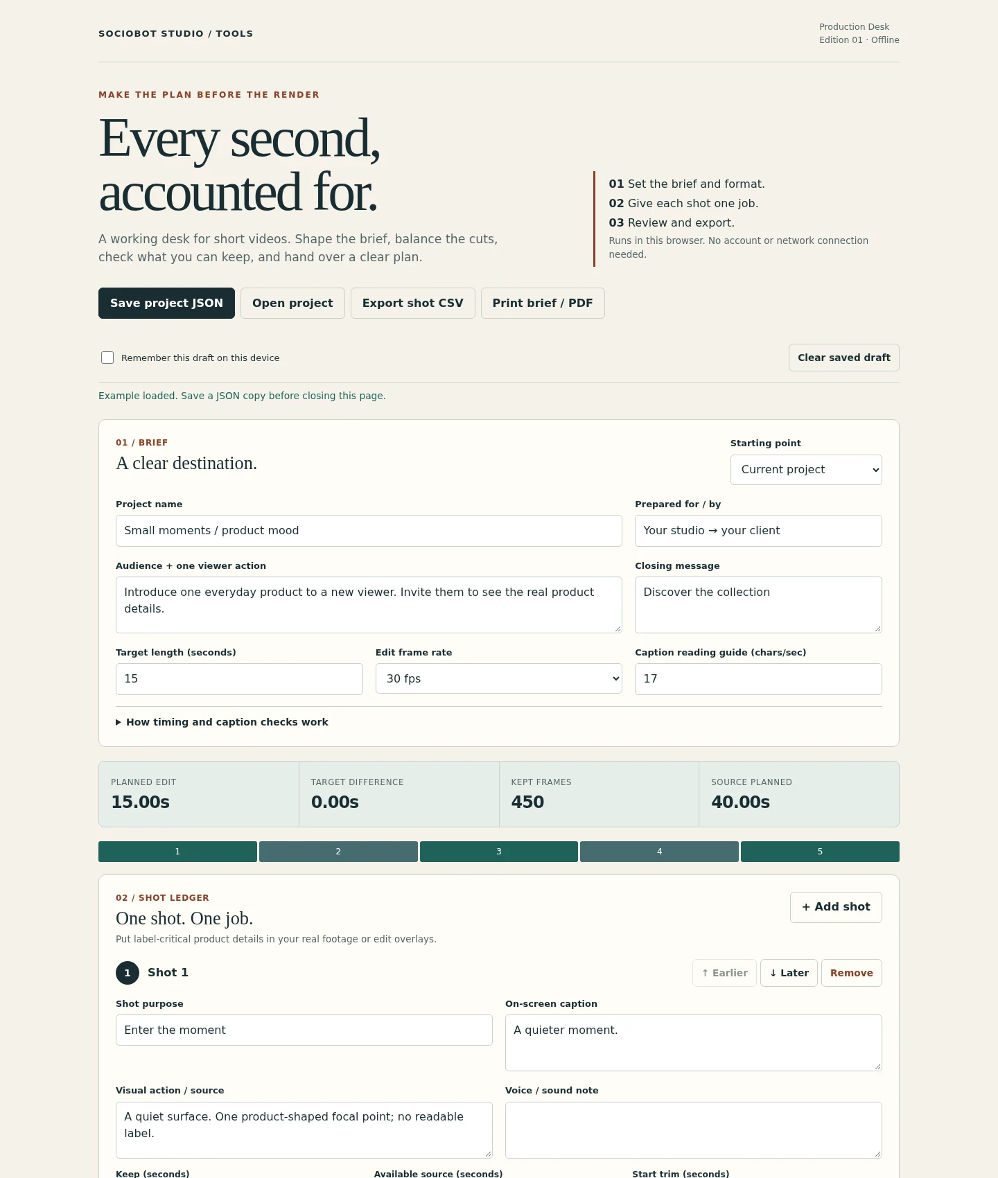 Desktop planning app with project details, a 15-second total and shot cards with source and kept durations