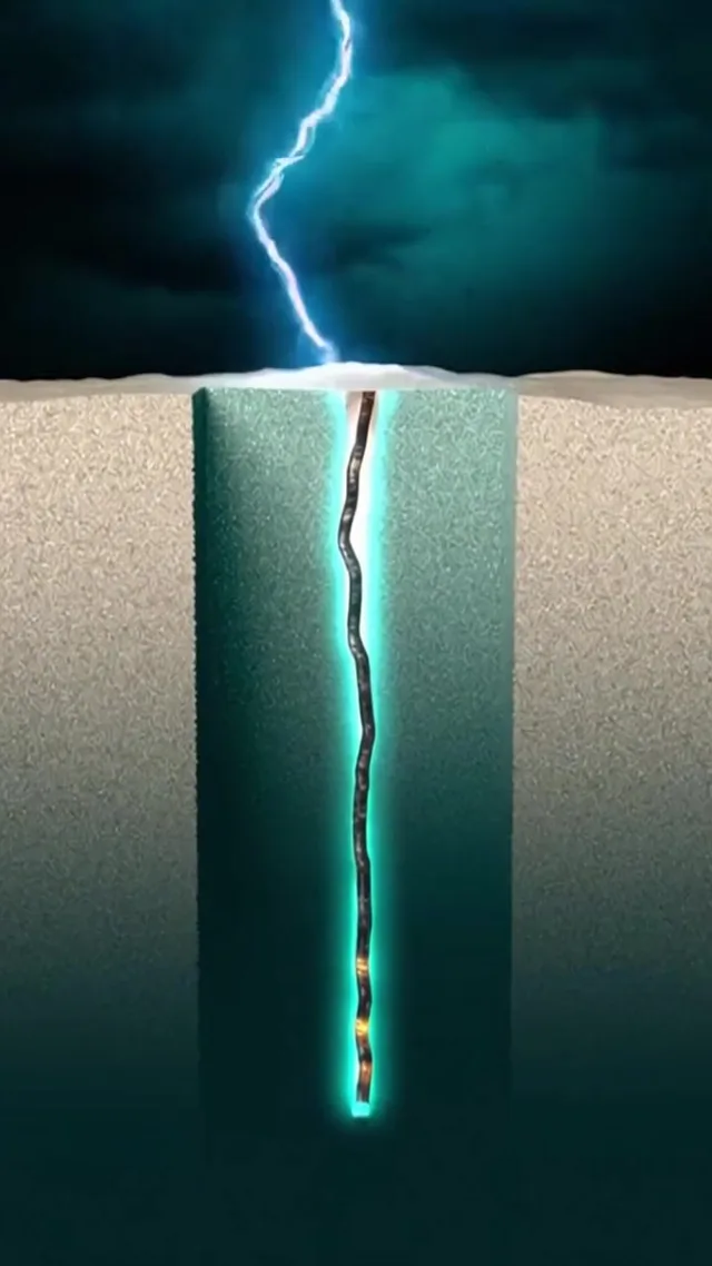 A stylized cutaway of a lightning path through sand