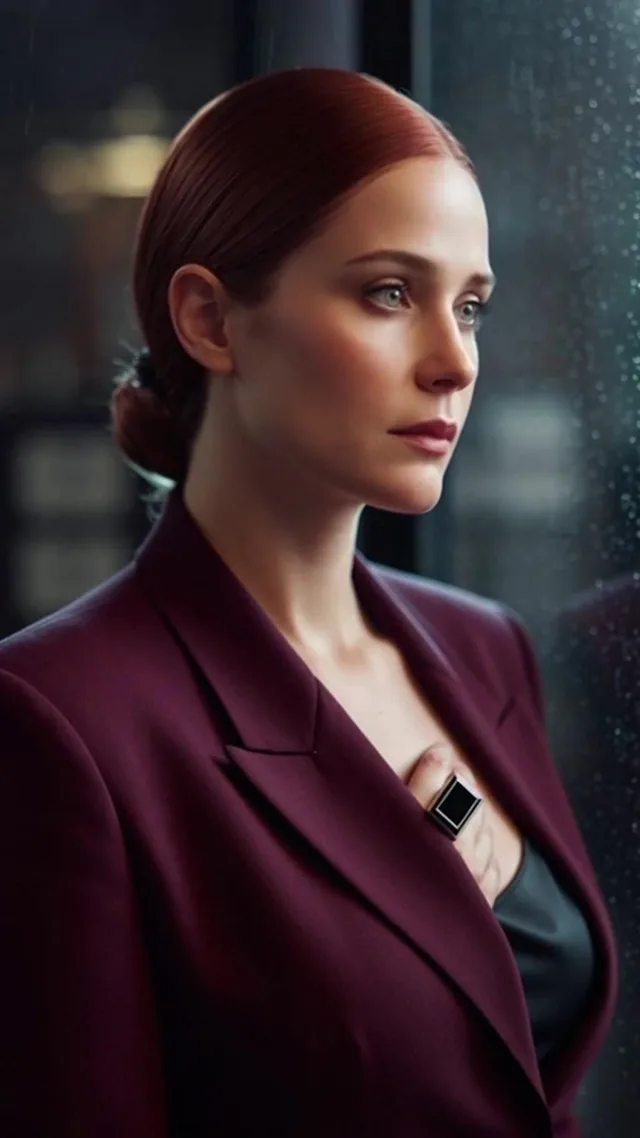 A fictional red-haired woman in a dark burgundy suit